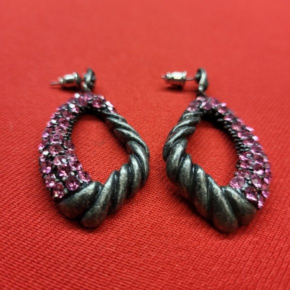 Drop Dangle Earring Pewter Silver with Pink Rhinestones - Picture 8 of 12